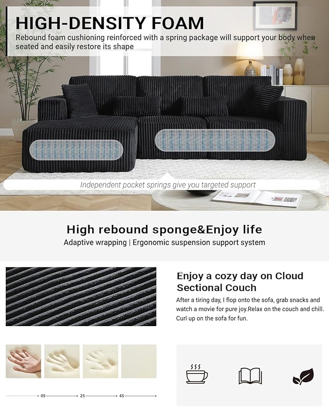 110" Cloud Sectional Couch, Modular Sectional Sofa with Deep Seat, Corduroy Upholstered Boneless Couch for Living Room Bedroom, Left Facing Chaise (Black, 110" Left Facing Chaise)