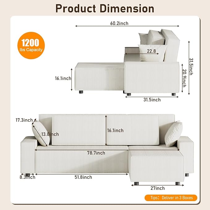 GAOMON Fine Stripe Corduroy Sectional Sofa, l Shaped Modern Corduroy Couch, Comfy Sofa Couch with Deep Chaise for Living Room, Apartment, Hotel, 96" w*61" d*32" h, Beige