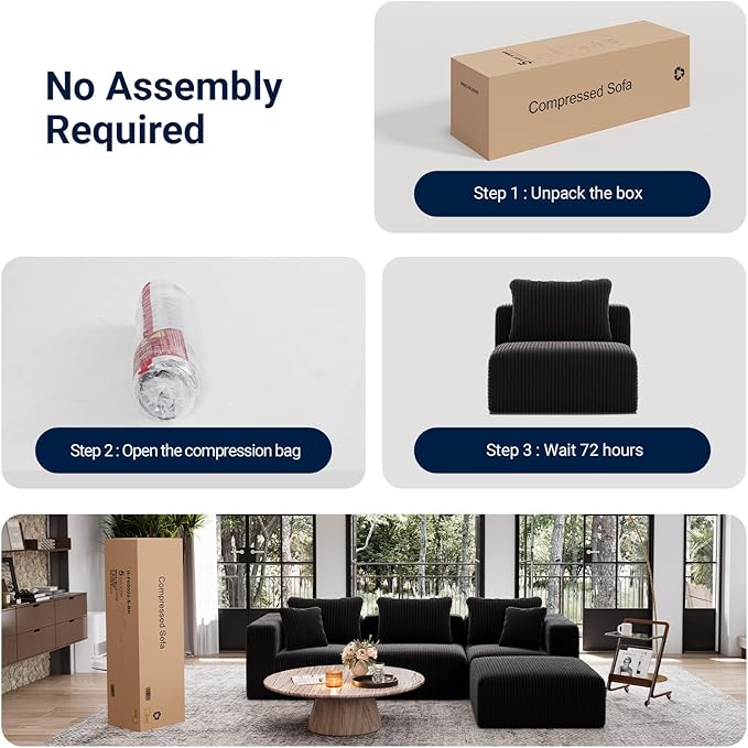 Avenco 141” U-Shaped Modular Sectional with 2 Ottomans, Individually Wrapped Coil Support & Corduroy Fabric, Zero Assembly 6-Piece Set for Spacious Living Room, Black