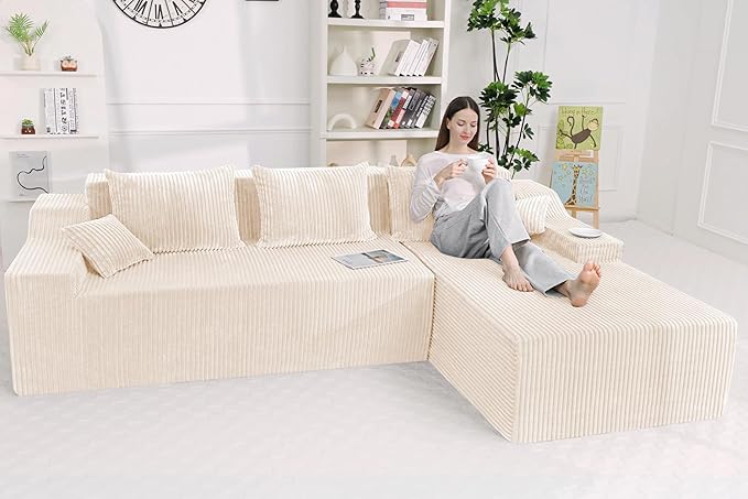 HABUTWAY 101'' Modular Sectional Sofa Cloud Couch with Deep Seat, Modern L-Shaped Convertible Couches Upholstered Couch with Chaise for Living Room Bedroom(Beige, Right-Facing Chaise)