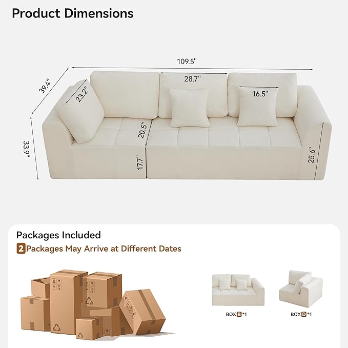 110''Modular Sectional Couches for Living Room, Cloud Boneless Compressed Sectional Sofa, Oversized 3 Seater Upholstered Memory Foam Sofa, No Assembly, Chenille Beige
