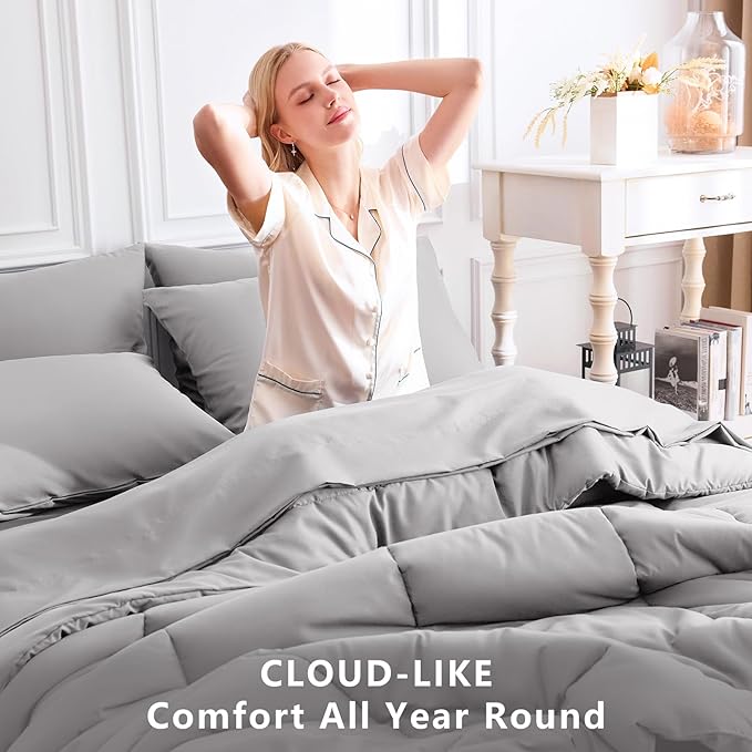 CozyLux King Size Comforter Set French Grey, 7 Pieces Bed in a Bag, Gray Comforter King Size, All Season Bedding Sets with Stitch Quilted Comforter, Flat Sheet, Fitted Sheet, Pillowcases