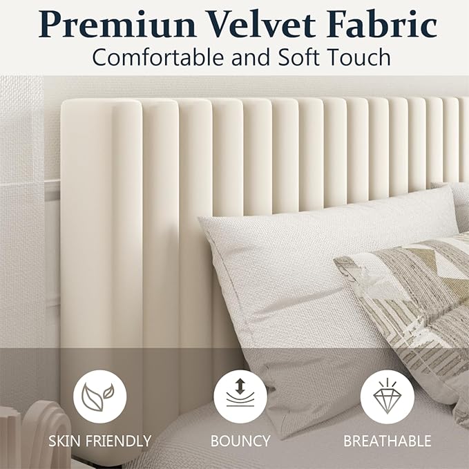 HAOARA King Size Bed Frame,King Size Platform Bed Frame and Velvet Upholstered Headboard with Strong Wood Slats, Box Spring Optional, Mattress Foundation, Easy Assembly Beige