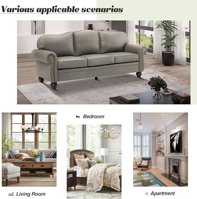 HULALA Home 81'' Upholstered Leather Sofa with Nailhead Trim and Rolled Armrests, Mid-Century Modern Living Room 3-Seater Couch, Grey Couch with Removable Cushion for Bedroom Apartment
