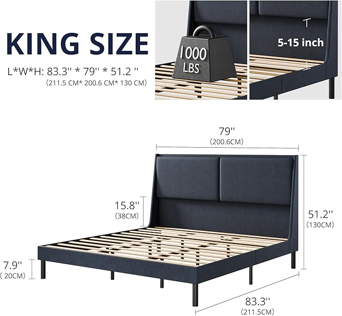 Cozy Castle King Size Upholstered Platform Bed Frame with 51.2" Tall Wingback Headboard, Double Backrest Metal Bed Frame, No Box Spring Needed, Easy Assembly, Bedroom Furniture, Navy Blue