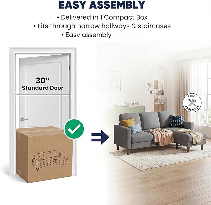 YESHOMY L-Shaped Sofa Couch, Small Couch with Reversible Chaise and Ottoman, Convertible Sectional Comfy 3 Seat Sofas with Side Pockets for Apartment and Living Room (Light Gray)