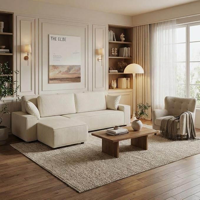 GAOMON Fine Stripe Corduroy Sectional Sofa, l Shaped Modern Corduroy Couch, Comfy Sofa Couch with Deep Chaise for Living Room, Apartment, Hotel, 96" w*61" d*32" h, Beige