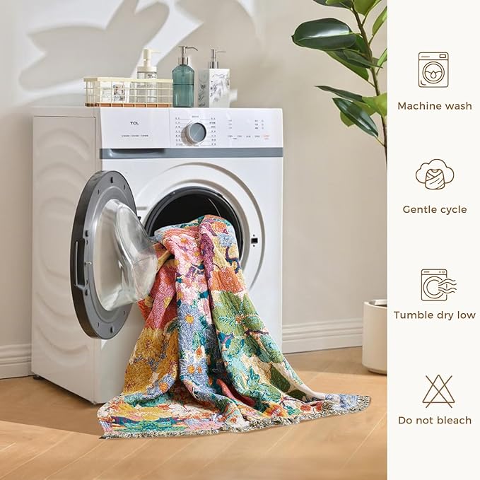 LUTBM Boho Throw Blanket for Bed Cotton Spring Blankets for Bedroom Living Room All Season Lightweight Floral Embroidery Reversible Twin Quilt for Couch Sofa Chair 60"x80" Home Decor