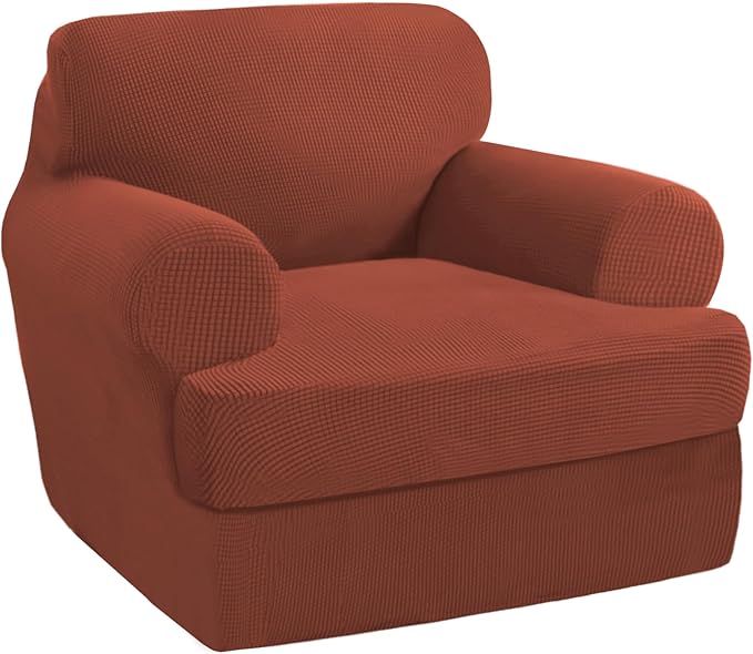 PrinceDeco 2 Pieces T Cushion Sofa Slipcovers Stretch Couch Covers for T Cushion Chair Slipcover Soft Arm Chiar Cover with 1 Individual T Shape Seat Covers Width Up to 40"- Rust