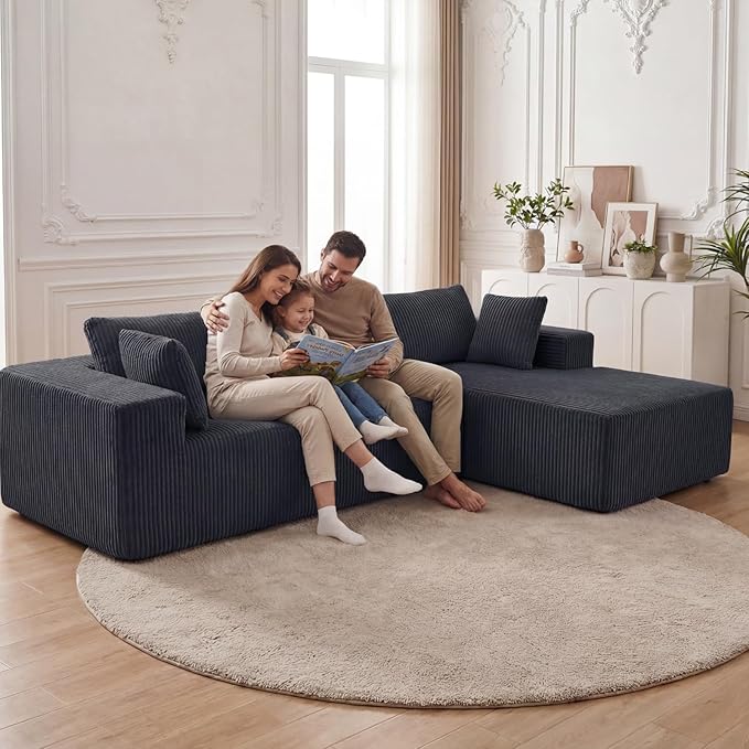 DUMOS 108" Boneless Couch, Cloud Sectional Couch with L-Shape Chaise, Modular Sectional Sofa with Deep Seat, Fluffy Couch for Living Room Bedroom, No Assembly Required (Grey, Right Facing Chaise)
