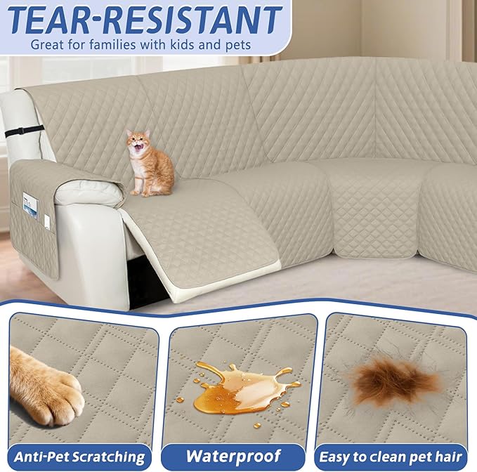 Arfntevss Recliner Sectional Couch Covers 1OO% Waterproof L Shape Sofa Cover for Reclining L Shaped Sectional Slipcover for Dog Washable Corner Non Slip Furniture Protector (5 Seater, Light Khaki)