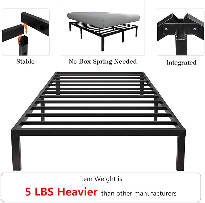 yookare 14 Inch Tall 3500lbs Heavy Duty Metal Bed Frame/with Storage/Mattress Foundation/Steel Slats Platform/Noise Free/No Box Spring Needed,Twin