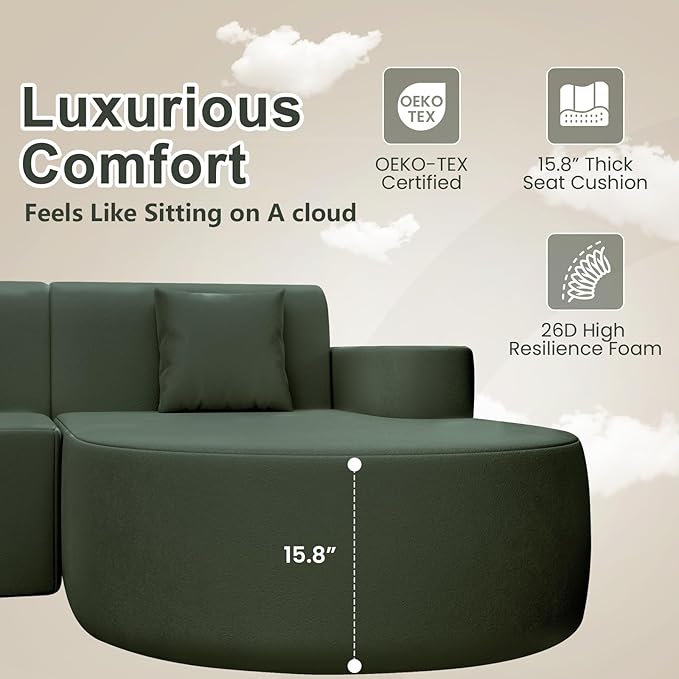 MELLCOM Modern Curved Boneless Sofa Couch, L-Shaped Corner Sofa, No Assembly Needed, Chenille Upholstered Cloud Sectional Couch for Living Room, Bedroom and Apartment (Green, Right Hand Facing)