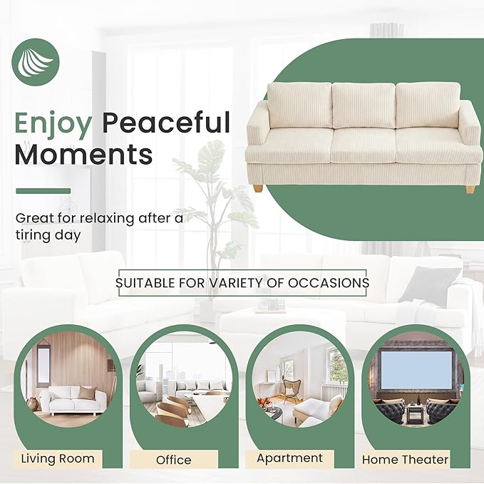 YOUDENOVA 89" White Corduroy Sofa for Living Room, 3 Seater Cloud Couch, Deep Seat Floor Couch for Bedroom, Futon Modern Sofa Bed, White Corduroy