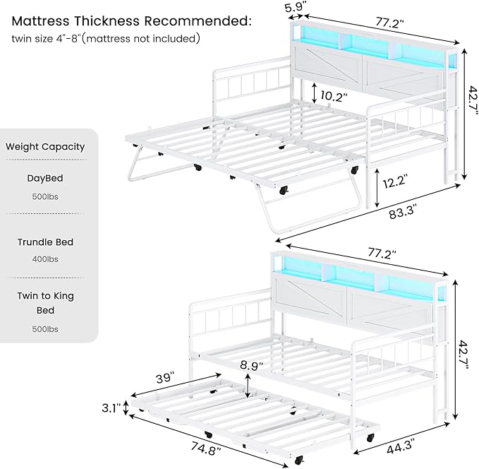 VIAGDO Day Bed with Trundle Bed Twin, Wood Day Bed with Hidden Storage Headboard, Farmhouse Daybed with Charging Station and LED Lights, Twin to King Daybed for Living Room, Guest Room, White