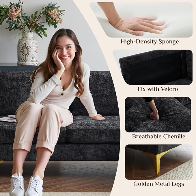 Karl home Convertible Sectional Sofa 110" U-Shape Sofa Couch 4-Seat Couch with Chaise ChenilleFabric Upholstered for Living Room, Apartment, Office, Black