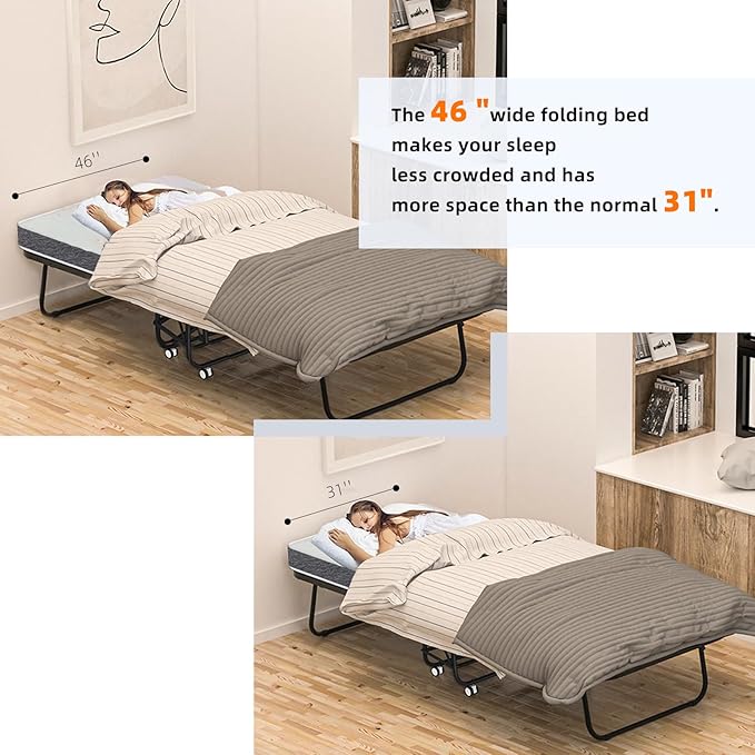 Espsilto 75''x46'' Large Folding Bed with Mattress for Adult - Sturdy Rollaway Bed for Guest with Automatic Leg Opening，Reinforced Steel Pipe | Hard tubular metal