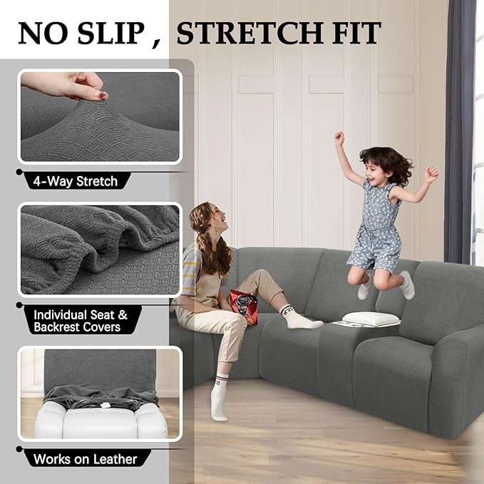 Waterproof Reclining Sectional Couch Covers Washable L Shaped Couch Cover for Sectionals Recliner Sofa Covers Stretch Corner Recliner Slipcovers(5 Seater 1 Console Cover, Dark Gray)