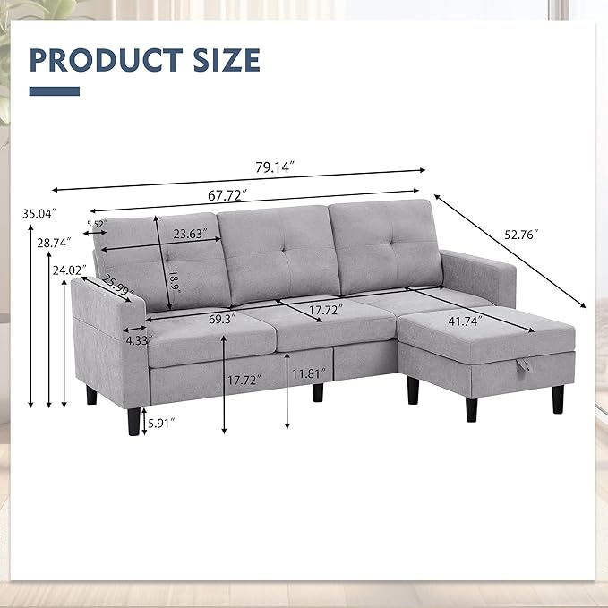 79" Convertible Sectional Sofa, Small L Shaped 3 Seat Couch with Storage Chaise and Side Pocket, Modern Linen Fabric Reversible Sofa Couches for Living Room, Apartment and Small Space