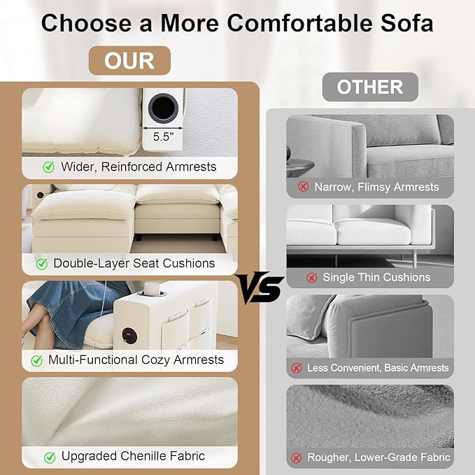 116" Modular Sectional Sofa, L Shaped Cloud Couch with Movable Ottoman, Chenille Deep Seat Cloud Sofa with Charging Station, Cup Holder, Side Pocket, Sectional Couches for Living Room, Beige