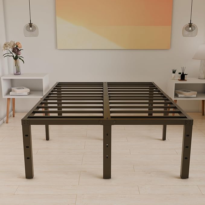 16 Inch King Size Bed Frame - No Box Spring Needed Heavy Duty Black Metal Platform Mattress Foundation, Non-Slip Noise Free Easy Assembly Steel Slats Bedframes with Cleance Storage
