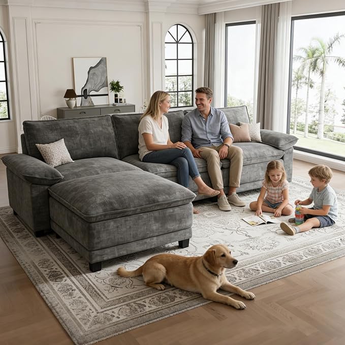 Modern L Shaped Sofa Couches for Living Room, Modular Sectional Cloud Couch with Movable Ottoman, Comfy Chenille Sofa for Apartment and Small Space, Dark Gray