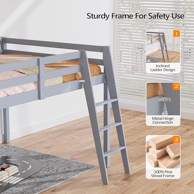 VINGLI Junior Low Loft Bed with Inclined Stairs,Gray Wood Loft Bed Full Size for Adults, Kids and Young Teens, No Box Spring Required,Wood Slat Support