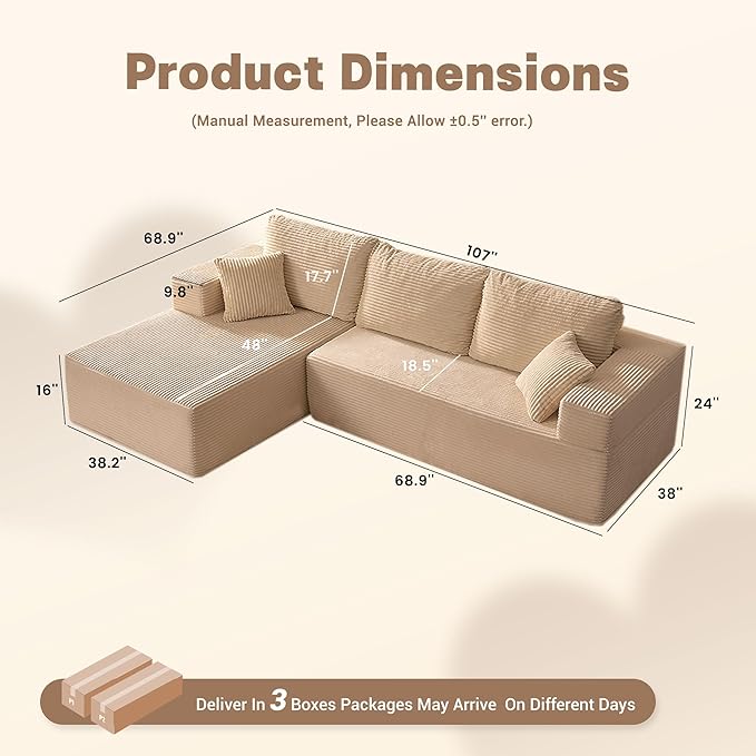 107" Boneless Couch with Deep Seat, Set of Modular Sectional Sofa, Cloud Sectional Couch for Living Room, No Assembly Required, Corduroy, L-Shape Left, Camel