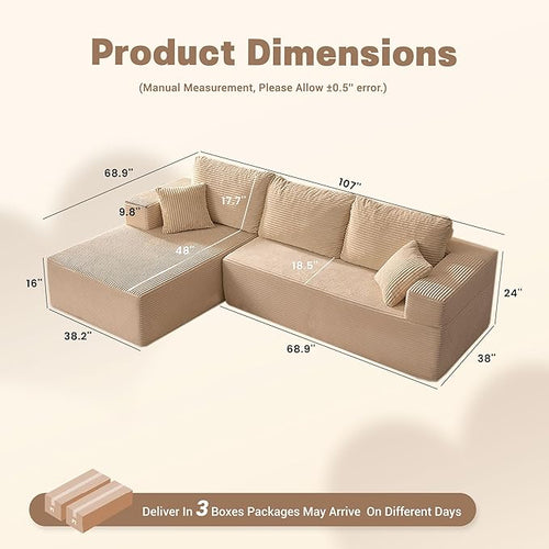 107" Boneless Couch with Deep Seat, Set of Modular Sectional Sofa, Cloud Sectional Couch for Living Room, No Assembly Required, Corduroy, L-Shape Left, Camel