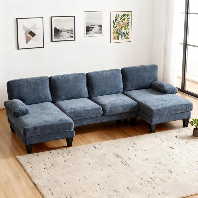 Karl home 111" Sectional Sofa U-Shaped 4-Seat Couch with Chaises Wood Grian Legs Chenille Fabric Upholstered for Living Room, Apartment, Office, Navy Blue
