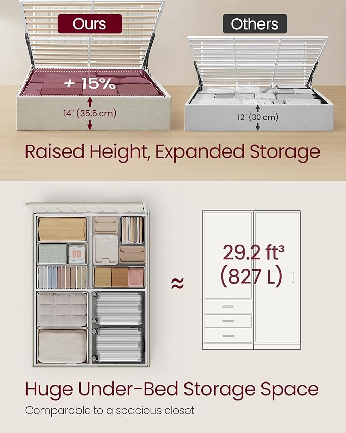 VASAGLE Lift Up Storage Bed Frame Full Size, Hydraulic Platform Bed, with Upholstered Headboard, 1100 lb Weight Capacity, No Box Spring Needed, Easy Assembly, Modern, Cappuccino Beige URMB602W01V1