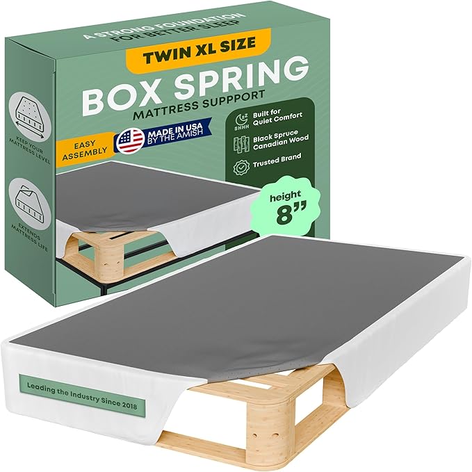Greaton, 8” Twin XL Box Spring for Twin XL Size Bed – Amish-Made in The USA – Solid Wood Mattress Foundation with Stable & Quiet Support – Flat-Packed & Easy Assembly – White