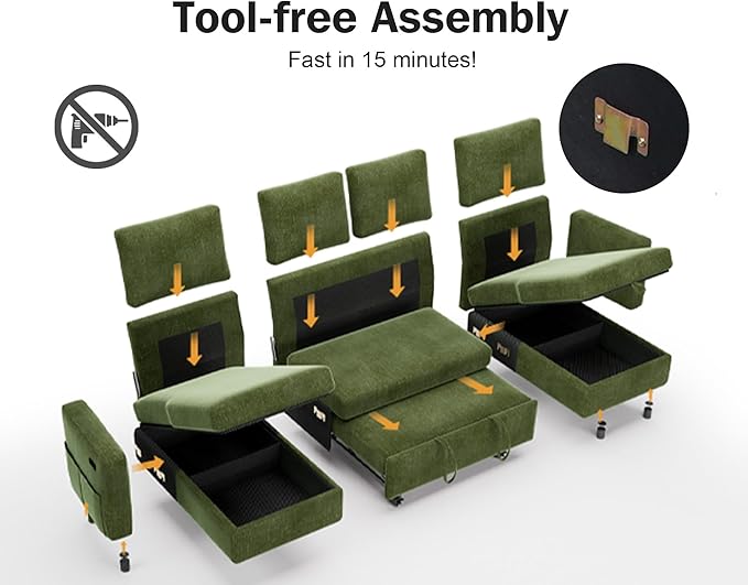 Vipbear 106" Sectional Sleeper Sofa with Pull Out Bed, U Shaped Couch Sleeper Sofa Bed, Pull Out Couch with Reclining Backrest, Double Storage Chaise, USB Ports, Tool-Free Assembly, Chenille Green