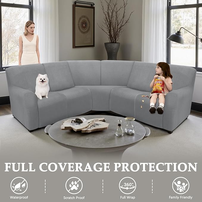 Waterproof Reclining Sectional Couch Covers Washable L Shaped Couch Cover for Sectionals Recliner Sofa Covers Stretch Corner Recliner Slipcovers for Dogs (5 Seater Cover, Light Gray)