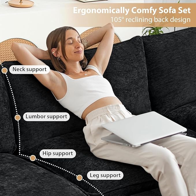 Oversized Modular Sectional Sofa, 80 Inch U Shaped Cloud Couch Set, 2-Seat Comfy Convertible Sofa with 2 Movable Ottoman, DIY Combination Sleeper Couch for Living Room(Chenille, Black)