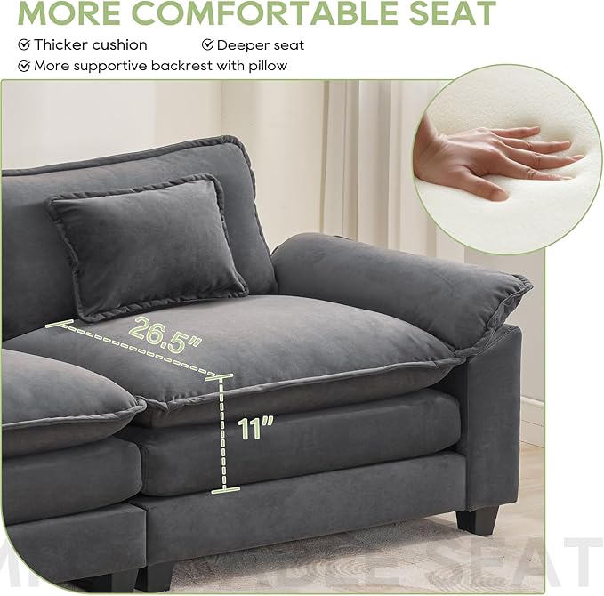 86" Modular Sectional Sofa, Comfy Cloud Couch Sectional Sofa with Ottoman, Velvet Sofa Sleeper Deep Seat Sofa with Throw Pillows for Living Room (Blue Grey)