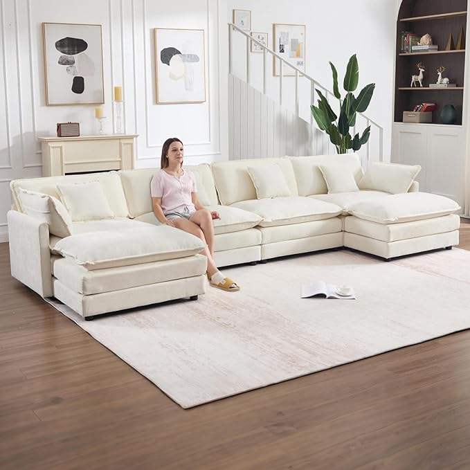 147" Modular Sectional Sofa, Oversized U Shaped Sectionals Cloud Couch, Big Comfy Couch with 2 Ottomans, 6 Seater Chenille Sectional Sofa with Deep Seat and 6 Pillows for Living Room- Beige