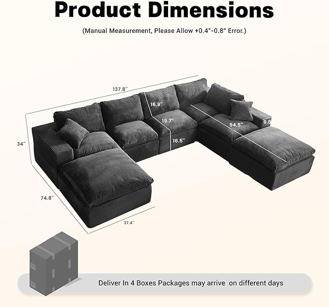 106.3” Sectional Couches for Living Room, Cloud Couch, Modular Sectional Sofa, Convertible Sofas Bed, Deep Seat Sofa, U Shaped Cozy Sofa Furniture Set, Corduroy, Grey