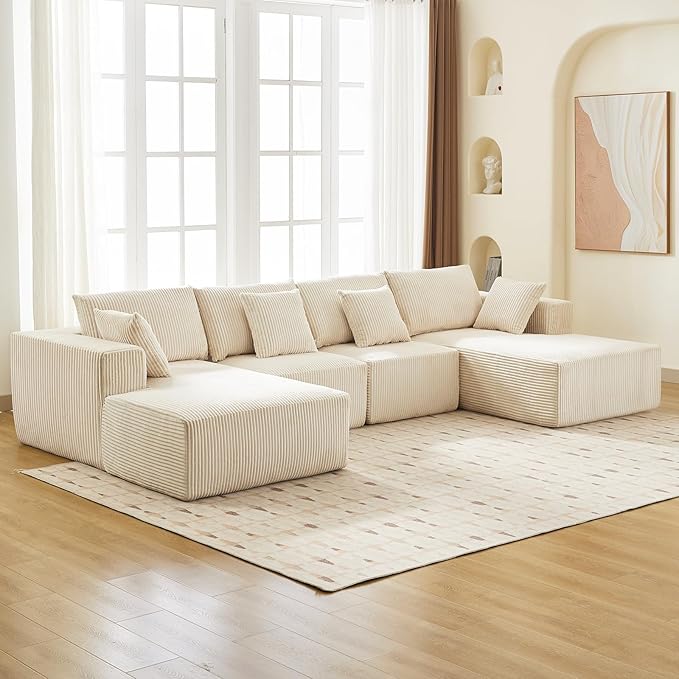 Sectional Cloud Boneless Couch 137" Modern Comfy U-Shaped No Assembly Required Convertible Compression Sleeper Modular Sofa with Corduroy Fabric Deep Seat Single + Chaise for Living Room