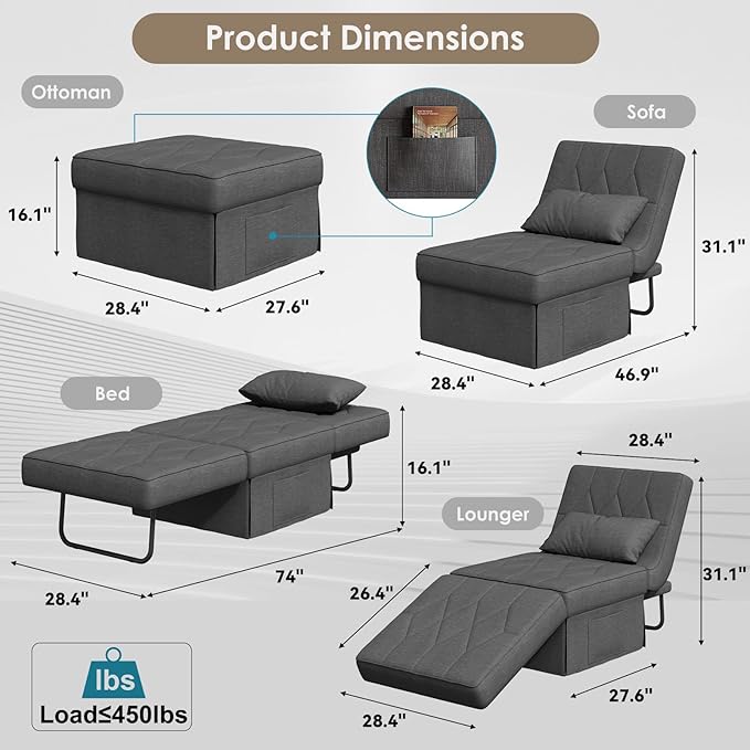 Convertible Sofa Bed with 5-Level Adjustable Backrest, 74" D x 28" W 4-in-1 Folding Ottoman Sleeper Chair Bed, Modern Single Futon Couch for Living Room Apartment Dorm Small Space, Dark Grey