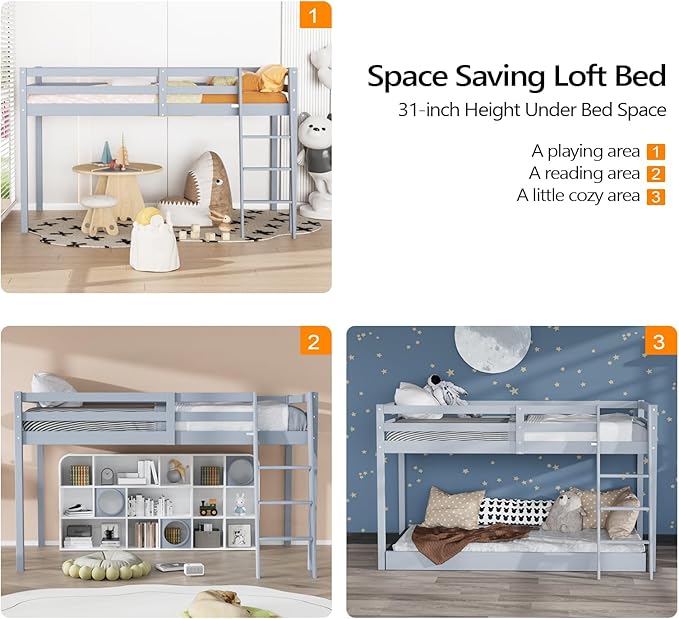 VINGLI Junior Low Loft Bed with Inclined Stairs,Gray Wood Loft Bed Full Size for Adults, Kids and Young Teens, No Box Spring Required,Wood Slat Support