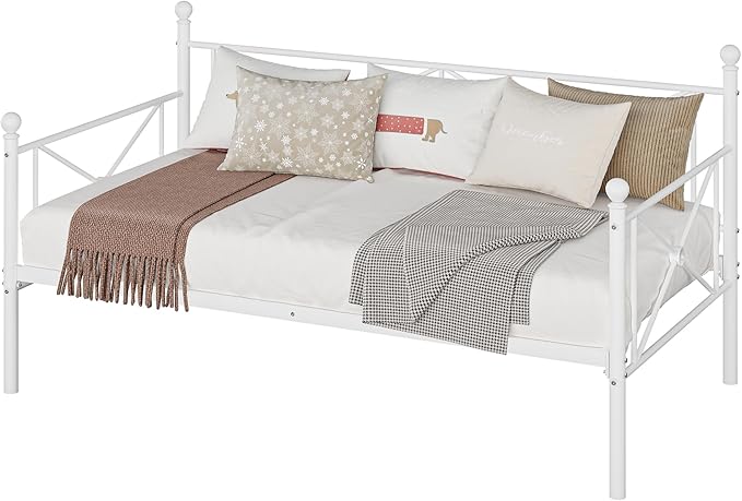 VECELO Twin Daybed Frame, Metal Day Bed with Stylish Headboard, Multifunctional Platform Beds for Bedroom, Living Room, Guest Room, No Boxing Spring Needed, Pure White