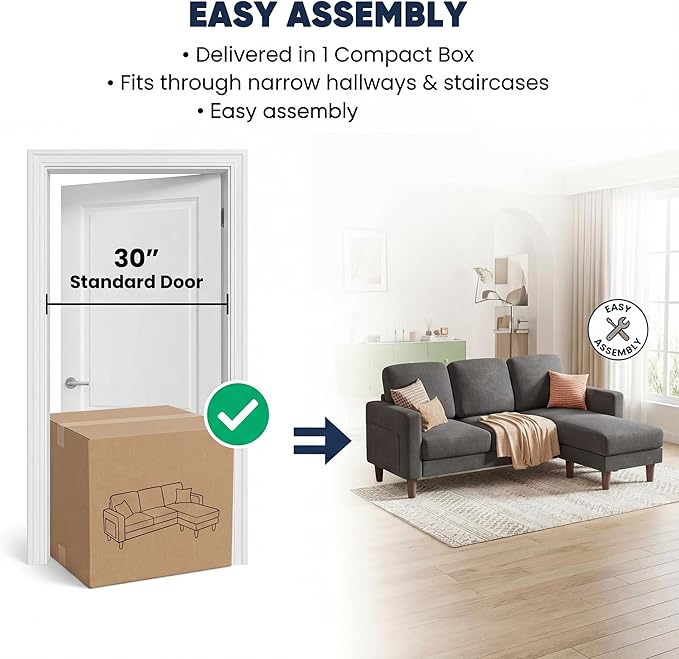 YESHOMY L-Shaped Sofa Couch, Small Couch with Reversible Chaise and Ottoman, Convertible Sectional Comfy 3 Seat Sofas with Side Pockets for Apartment and Living Room (Dark Gray)