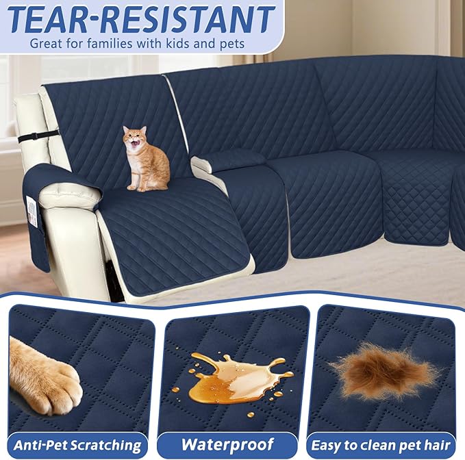 Arfntevss Recliner Sectional Couch Covers 1OO% Waterproof L Shape Sofa Cover for Reclining L Shaped Sectional Slipcover Dog Washable Corner Non Slip Protector (5 Seater with 2 Console, Midnight Blue)