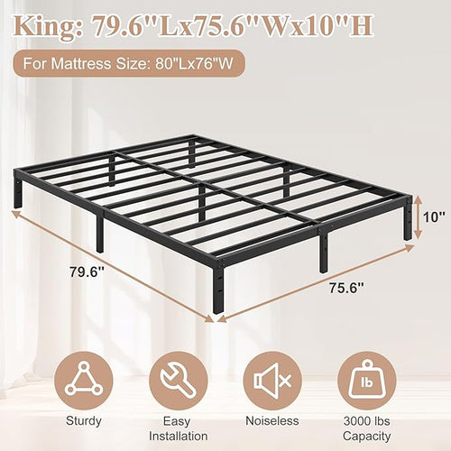10 Inch King Size Bed Frame - No Box Spring Needed Heavy Duty Metal Platform Mattress Foundation with Steel Slats, Non-Slip Noise Free Easy Assembly Black Bedframes