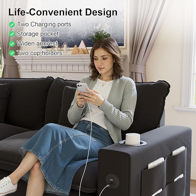 80.7" Modular Sectional Sofa, L Shaped Cloud Couch with Movable Ottoman, Chenille Deep Seat Cloud Sofa with Charging Station, Cup Holder, Side Pocket, Sectional Couches for Living Room, Black