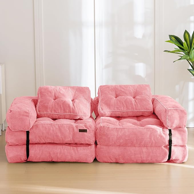 MAXYOYO Folding Sofa Bed, L-Shaped Convertible Sofa Bed with Armrest Foldable Sleeper Sofa with Pillow, Portable Fold Out Chair Bed Comfy Floor Lounge for Living Room Bedroom, Pink