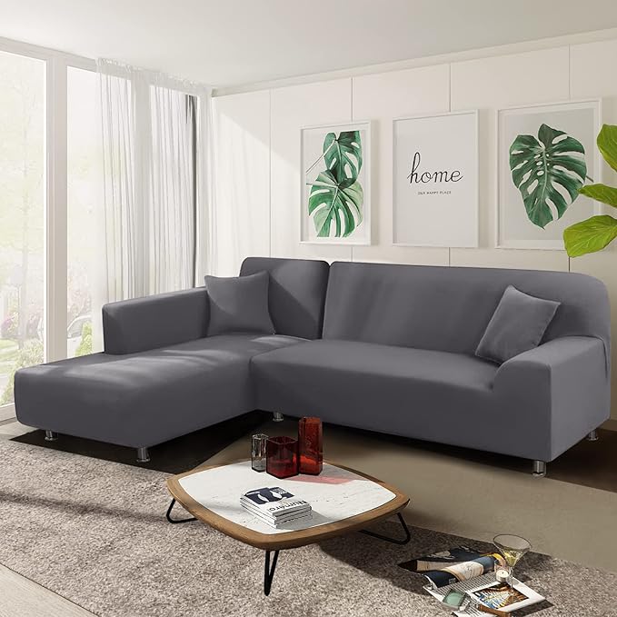 NAISI Sectional Couch Cover L Shape 2 Pieces Sofa Cover Soft Stretch Slipcovers with 2pcs Pillowcases Furniture Protector Couch Covers 3 Seater + 3 Seater(Light Grey)