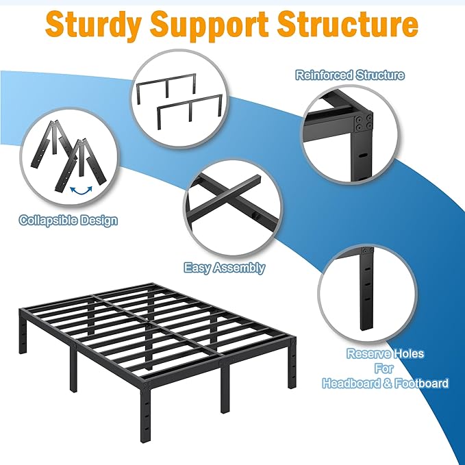 SHLAND Full Bed Frame 16 Inch - Sturdy Platform Bed Frame No Box Spring Needed Heavy Duty Metal Full Size Bed Frame Easy Assembly, Strong Bearing Capacity, No Noise