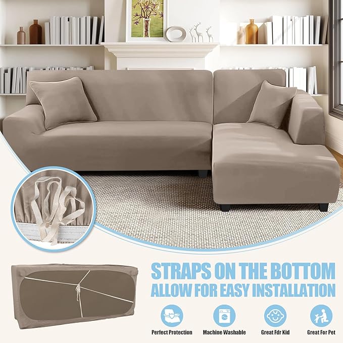 KinCam Sectional Couch Covers L Shape Sofa Covers Super Stretch 2pcs Sofa Slipcovers for 3 + 3 Seaters Sectional Chaise Slipcover with 2pcs Pillow Covers for Pets Kids, Taupe
